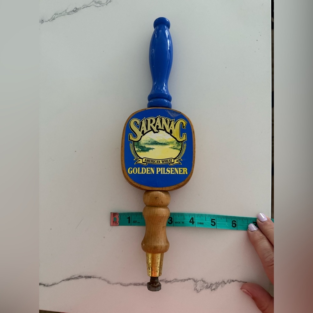 Vintage Saranac Lake Blue and Natural Wood Tap Handle Gorgeous Art